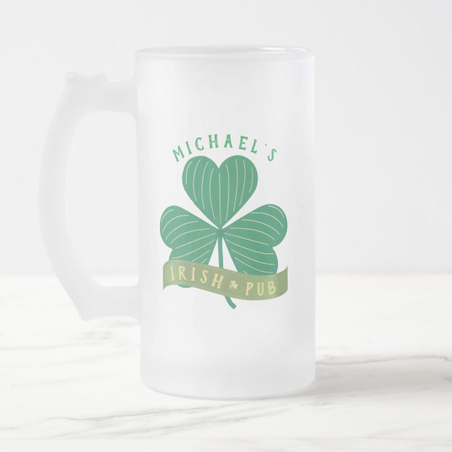 Custom Name Gold Shamrock St Patrick's Day   Frosted Glass Beer Mug (Left)