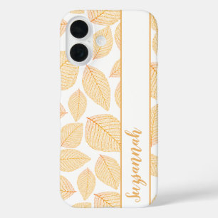 Custom Name Gold Skeleton Leaves on White iPhone 16 Case