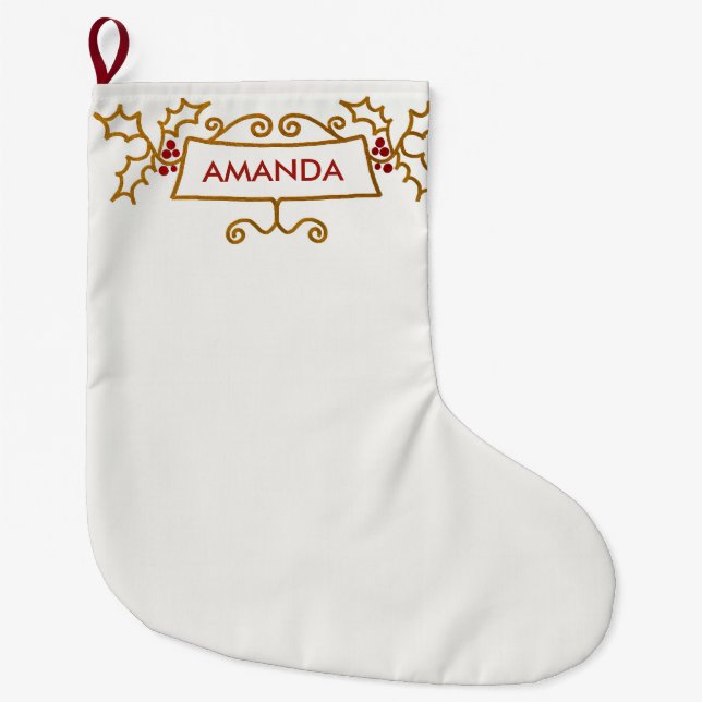 Custom Name Gold Swirls Red Berries Christmas Large Christmas Stocking (Front)