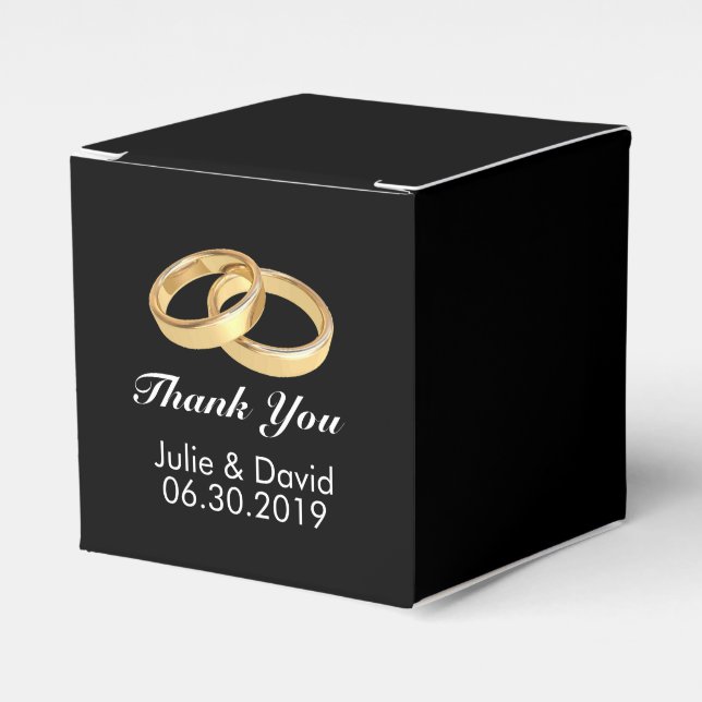 Custom Name Gold Wedding Rings Black Favour Box (Front Side)