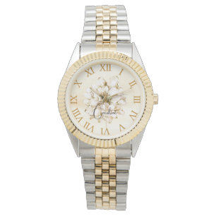 Custom name Golden brown background Luxury floral Watch