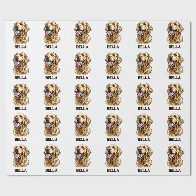 Custom Name Golden Retriever Dog Portrait Funny  Wrapping Paper (Flat)