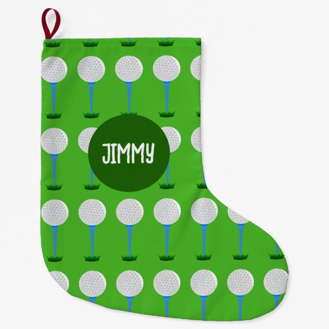 Custom Name Golf Ball & Tee Christmas Stocking (Front)