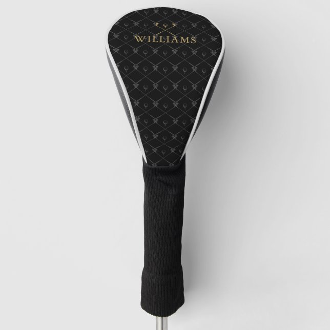 Custom Name Golf Clubs Pattern Black And Gold Golf Head Cover (Front)