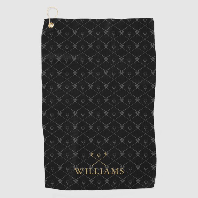 Custom Name Golf Clubs Pattern Black And Gold Golf Towel (Front)