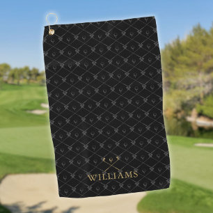 Custom Name Golf Clubs Pattern Black And Gold Towel