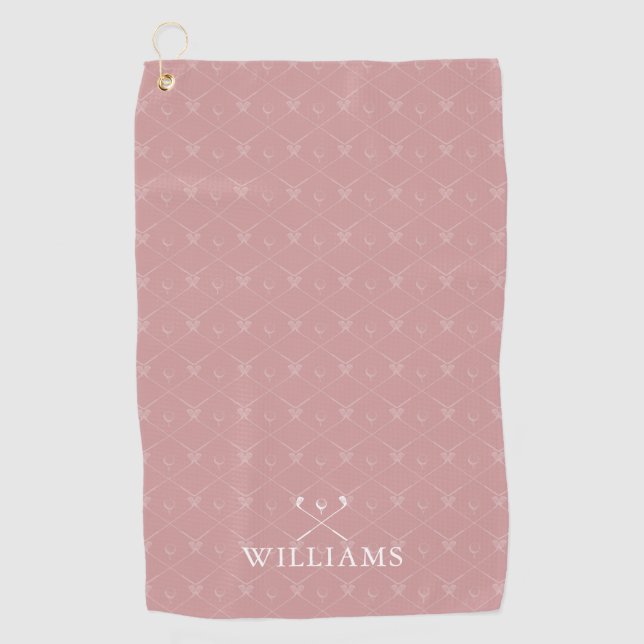 Custom Name Golf Clubs Pattern Dusty Rose Pink Golf Towel (Front)
