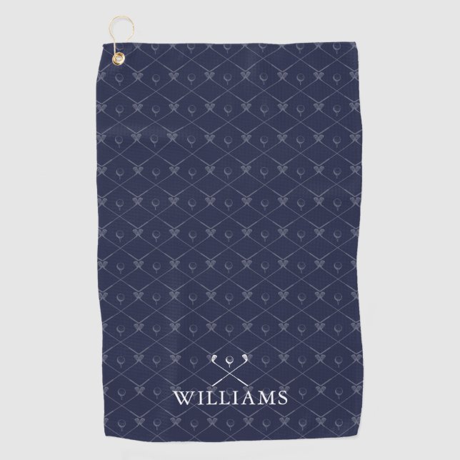 Custom Name Golf Clubs Pattern Navy Blue Golf Towel (Front)
