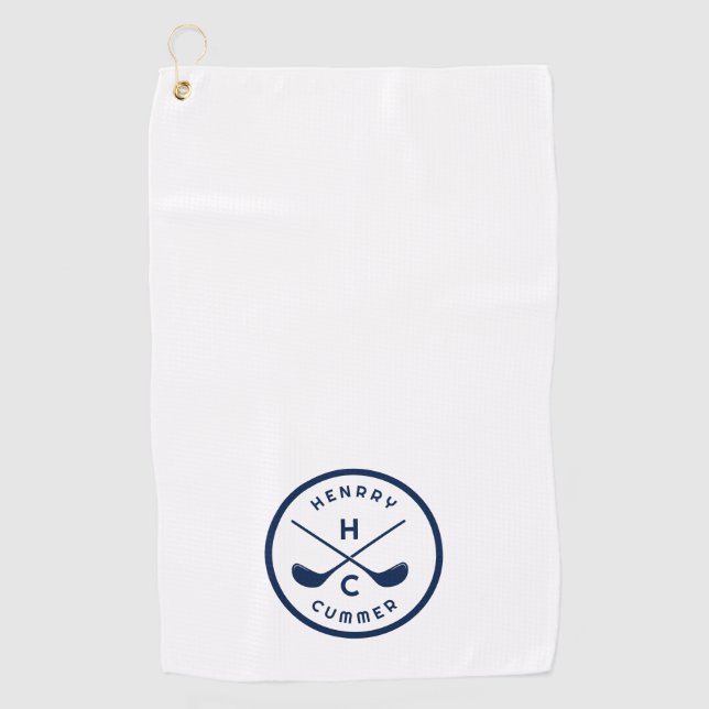 Custom name Golf Clubs, White and Blue Golf Towel (Front)