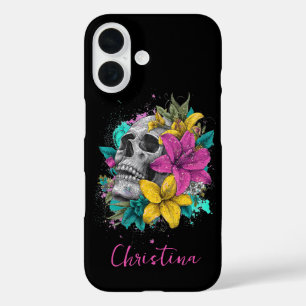 Custom Name Gothic Colorful Floral Skull iPhone 16 Case