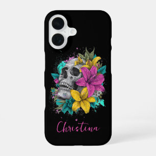 Custom Name Gothic Colourful Floral Skull iPhone 16 Case