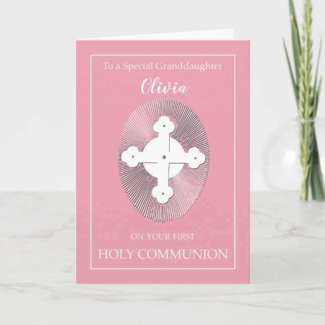 Custom Name Granddaughter Communion  Pink w/ Cross Card (Front)