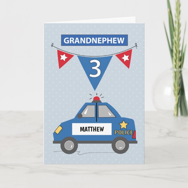 Custom Name Grandnephew 3rd Birthday Blue Police Card (Front)