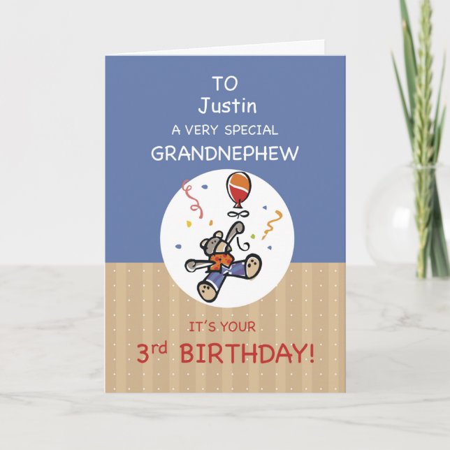 Custom Name Grandnephew 3rd Teddy Bear Balloon Card (Front)