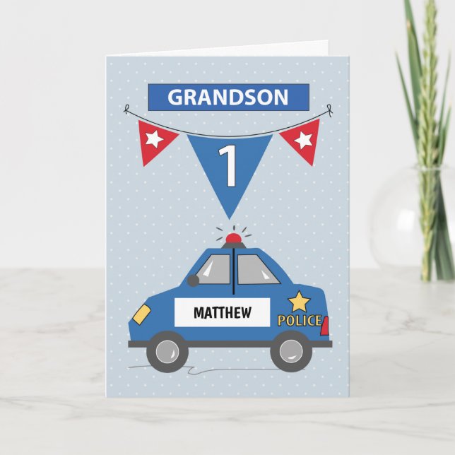 Custom Name Grandson 1st Birthday Blue Police Car Card (Front)