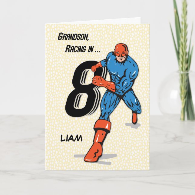 Custom Name, Grandson 8th Birthday Superhero, Liam Card (Front)