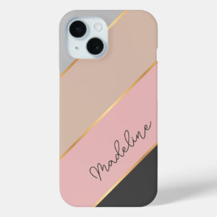 Custom Name Gray Pastel Coral Blush Pink Stripe iPhone 15 Case