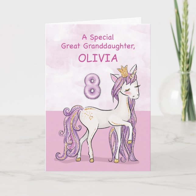 Custom Name Great Granddaughter 8th Birthday Pink Card (Front)
