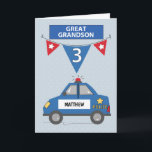 Custom Name Great Grandson 3rd Birthday Police Card<br><div class="desc">Can you imagine how your great grandson face would look like once he sees his name on the side of a police car? To find that out you should gift him with this card once he turns three years old. and yes, you can personalise his name on the front right...</div>