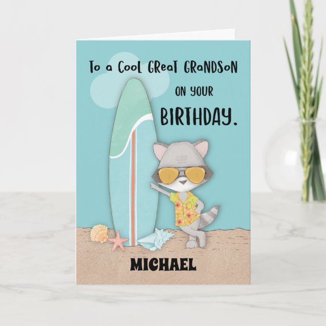 Custom Name Great Grandson Birthday Beach Racoon Card (Front)