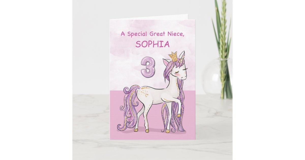 Custom Name Great Niece 3rd Birthday Pink Horse Card ...