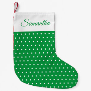 Custom Name Green and White Polka Dot Small Christmas Stocking