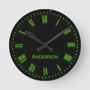 Custom Name Green Black Classic Elegant Roman Round Clock