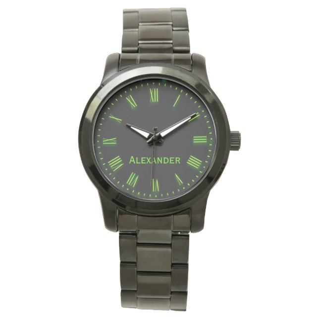 Custom Name Green Black Classic Elegant Roman Watch (Front)