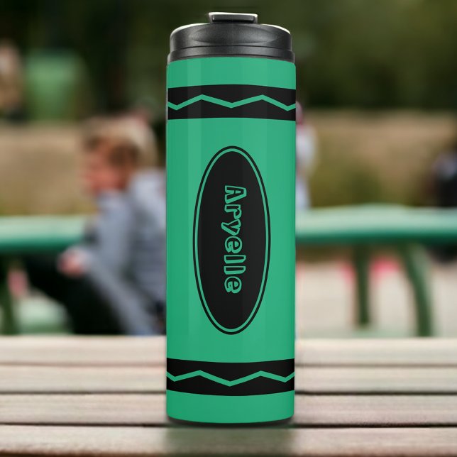 Custom Name Green Crayon Travel Mug Drink Tumbler (Creator Uploaded)