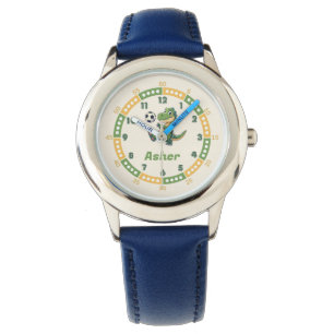 Custom Name Green Dino Soccer Boys Kids Learning Watch