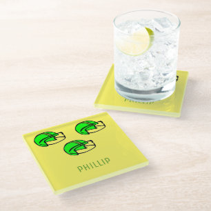 Custom name green football helmet yellow glass coaster