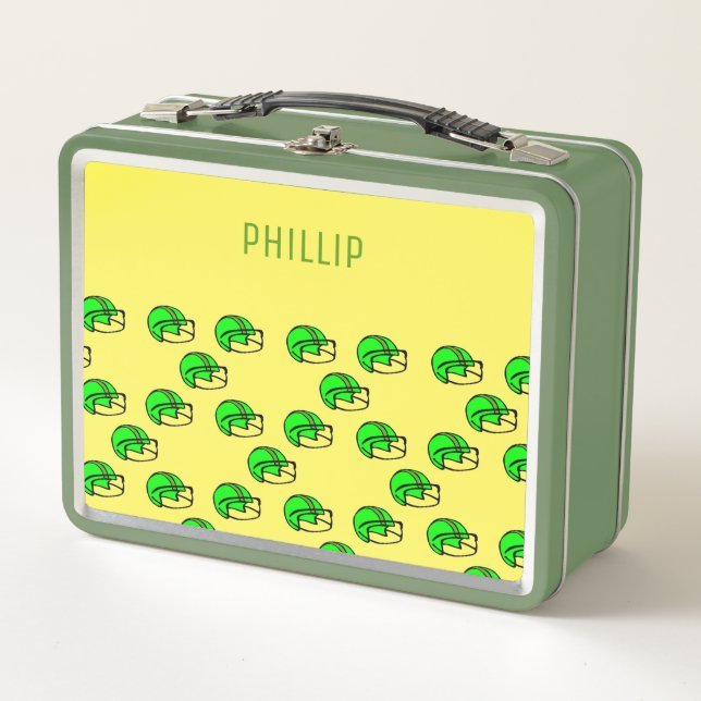 Custom name green football helmet yellow metal lunch box (Front)