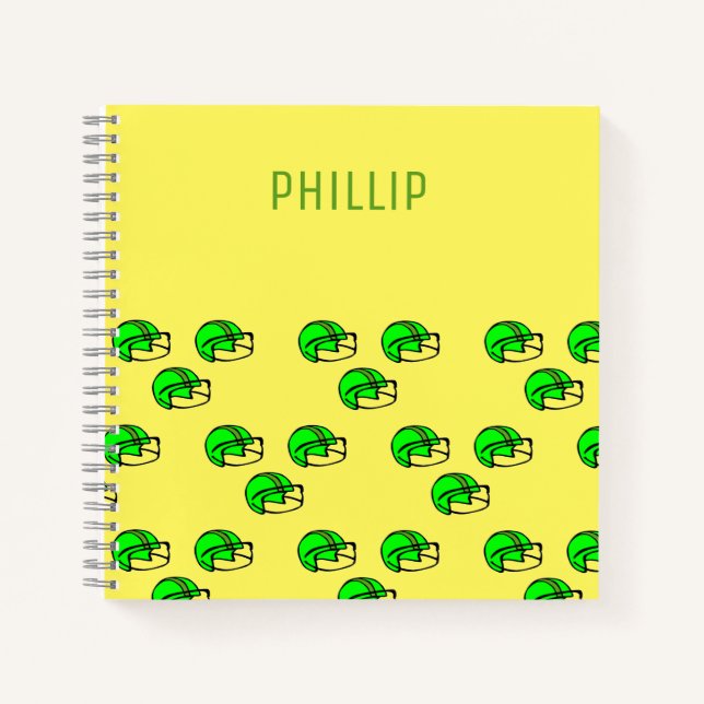 Custom name green football helmet yellow notebook (Front)