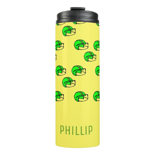 Custom name green football helmet yellow thermal tumbler (Front)