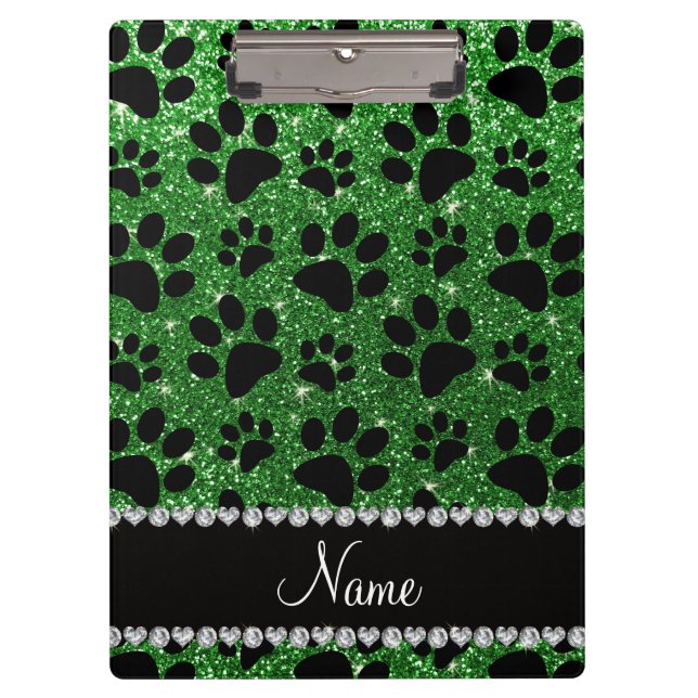Custom name green glitter black dog paws clipboard (Front)