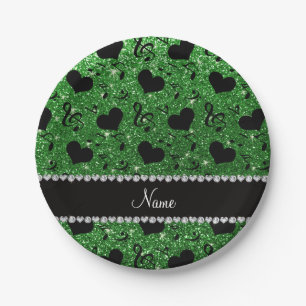 Custom name green glitter music notes hearts paper plate