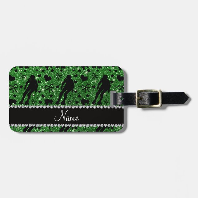 Custom name green glitter roller derby luggage tag (Front Horizontal)