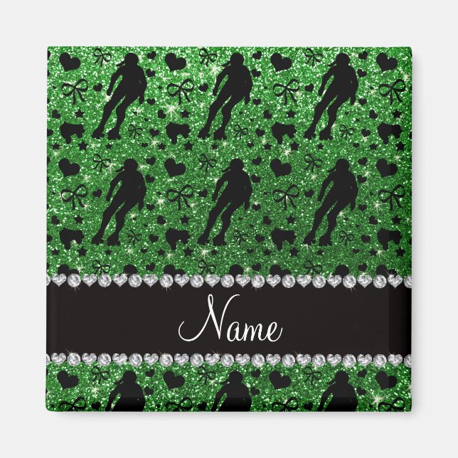 Custom name green glitter roller derby magnet (Front)
