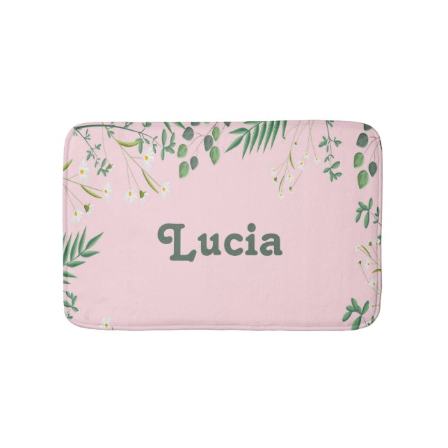 Custom name green leaves on pink bath mat (Front)