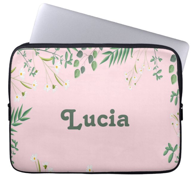 Custom name green leaves on pink laptop sleeve (Front)