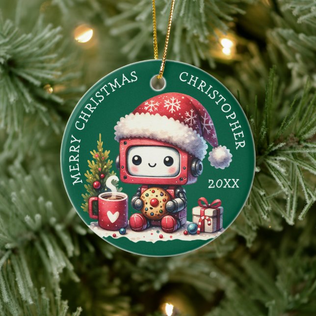 Custom Name Green Merry Christmas Cute Robot Ceramic Tree Decoration (Tree)