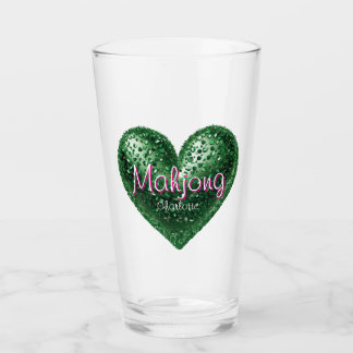 Custom Name Green Pink Glitter Heart Mahjong Glass