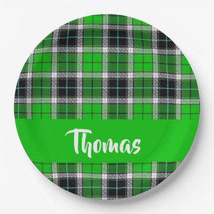 Custom name green plaid pattern paper plate