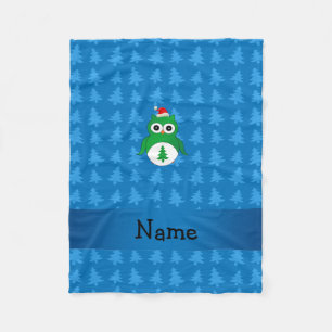 Custom name green santa owl blue christmas trees fleece blanket