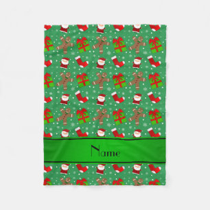 Custom name green santas gingerbread fleece blanket
