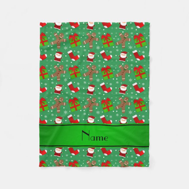 Custom name green santas gingerbread fleece blanket (Front)