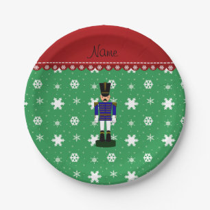 Custom name green snowflakes blue nutcracker paper plate