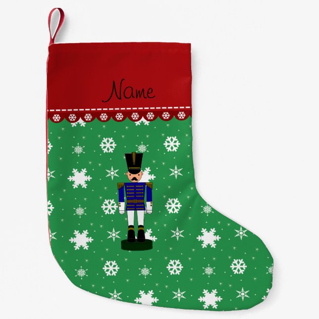 Custom name green snowflakes blue nutcracker small christmas stocking (Front)