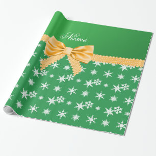 Custom name green snowflakes gold bow wrapping paper