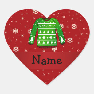 Custom name green ugly christmas sweater heart sticker